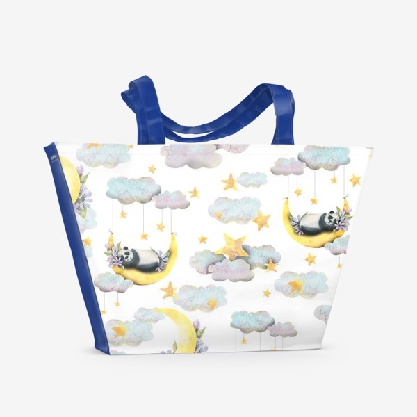 Пляжная сумка &laquo;Медвежата панды на облаках с месяцем и звездами. Детский паттерн. Акварельный.&raquo;