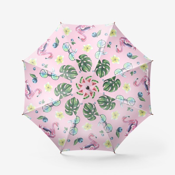 Зонт «Тропический розовый фламинго. листья, коктейли, пляжный паттерн. Акварельный.»