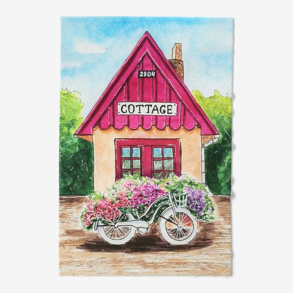 Полотенце «Коттедж и велосипед в цветах.»