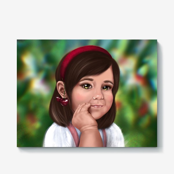 Холст «Милая маленькая девочка малышка с коричневыми волосами и вишнёвыми серёжками»