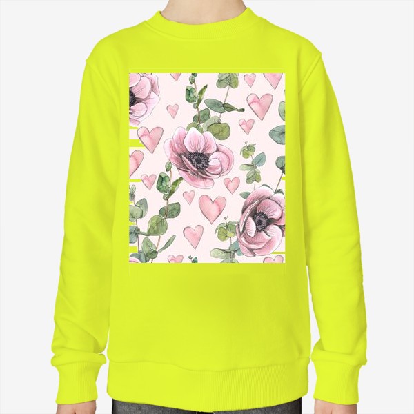 Свитшот «Цветы анемоны, сердечки розовые и веточки эвкалипта. Акварельный паттерн.»
