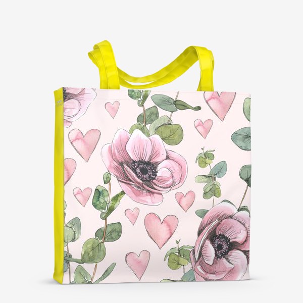 Сумка-шоппер «Цветы анемоны, сердечки розовые и веточки эвкалипта. Акварельный паттерн.»