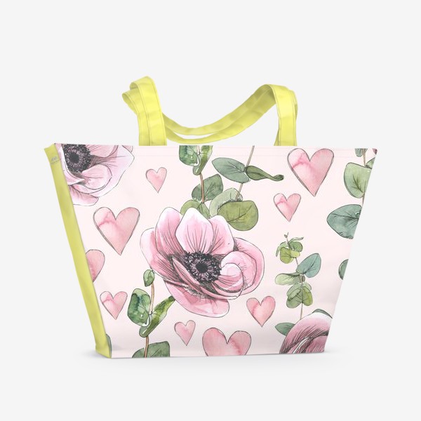 Пляжная сумка &laquo;Цветы анемоны, сердечки розовые и веточки эвкалипта. Акварельный паттерн.&raquo;