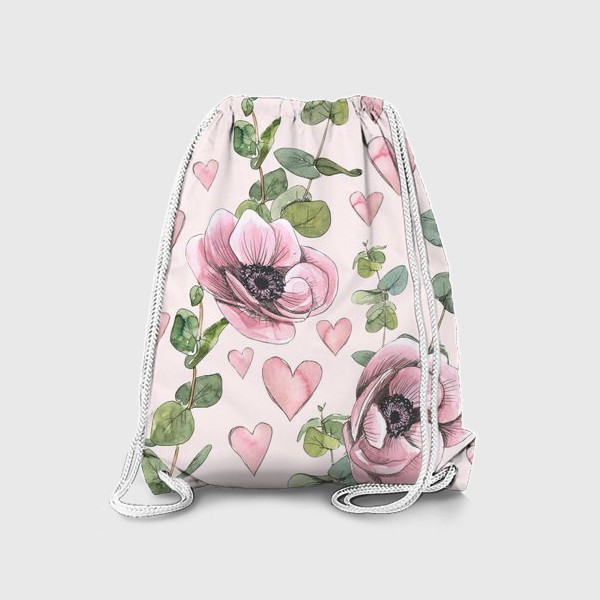 Рюкзак «Цветы анемоны, сердечки розовые и веточки эвкалипта. Акварельный паттерн.»