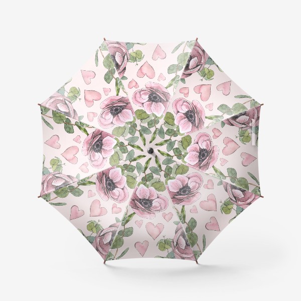 Зонт «Цветы анемоны, сердечки розовые и веточки эвкалипта. Акварельный паттерн.»