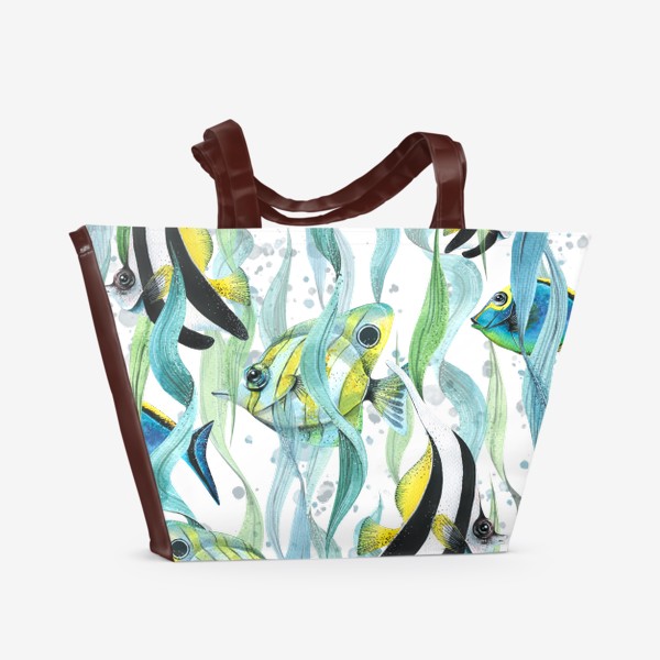 Пляжная сумка «Тропические рыбки. Подводный мир. Море. Акварельный паттерн.»