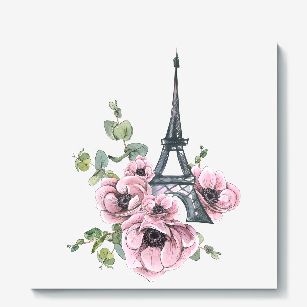 Холст &laquo;Париж. Эйфелева башня с цветами, анемоны, эвкалипт. Акварельный скетч.&raquo;