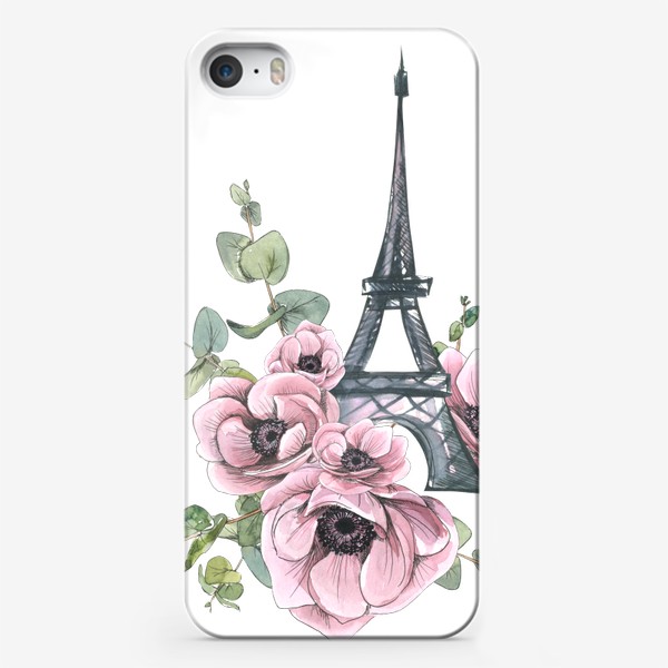 Чехол iPhone «Париж. Эйфелева башня с цветами, анемоны, эвкалипт. Акварельный скетч.»