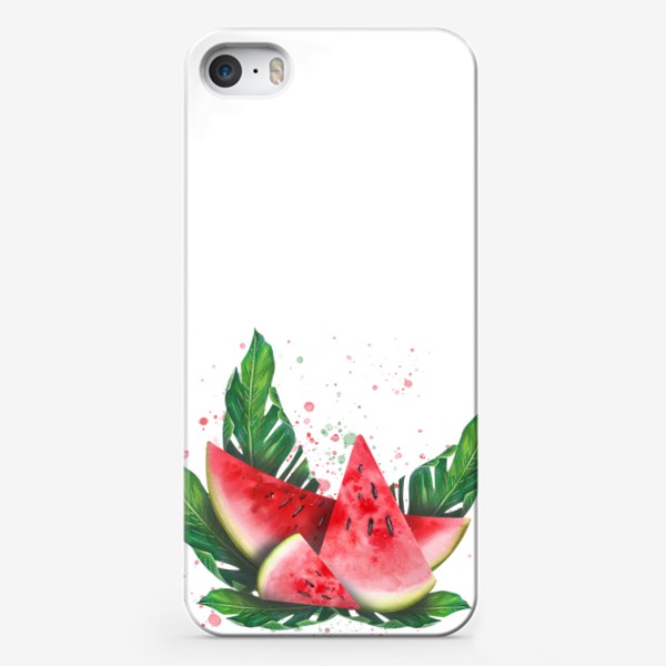 Чехол iPhone «Арбуз и тропические листья пальмы. Акварель.»
