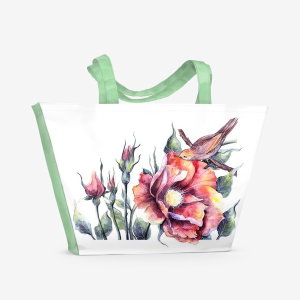 Пляжная сумка «Цветы и птица »