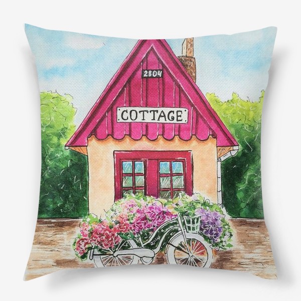 Подушка «Коттедж и велосипед в цветах.»