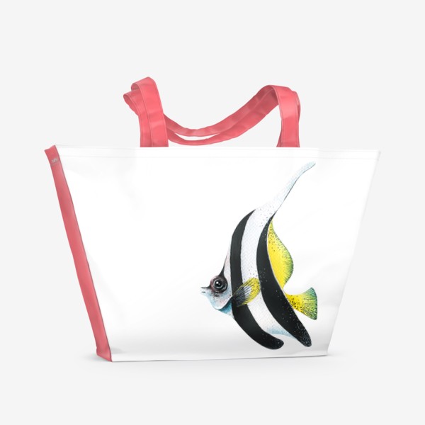 Пляжная сумка «Яркая, полосатая рыбка. Морская, коралловая, акварель»