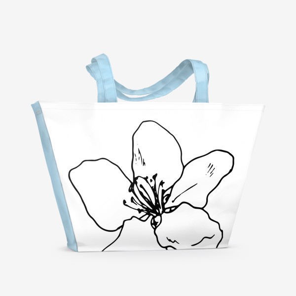 Пляжная сумка «цветок яблони. цветок дерева весеннего ,вид сверху черный скетч рисунок »