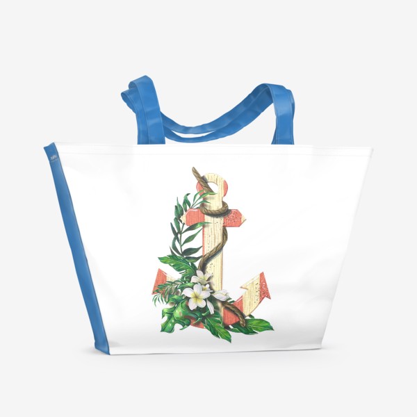 Пляжная сумка «Якорь деревянный, тропические цветы, плюмерия, листья пальмы. Акварельный.»