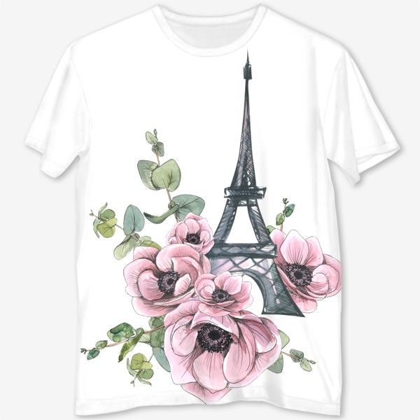 Футболка с полной запечаткой «Париж. Эйфелева башня с цветами, анемоны, эвкалипт. Акварельный скетч.»