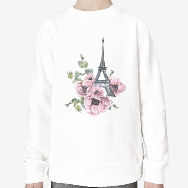 Свитшот &laquo;Париж. Эйфелева башня с цветами, анемоны, эвкалипт. Акварельный скетч.&raquo;