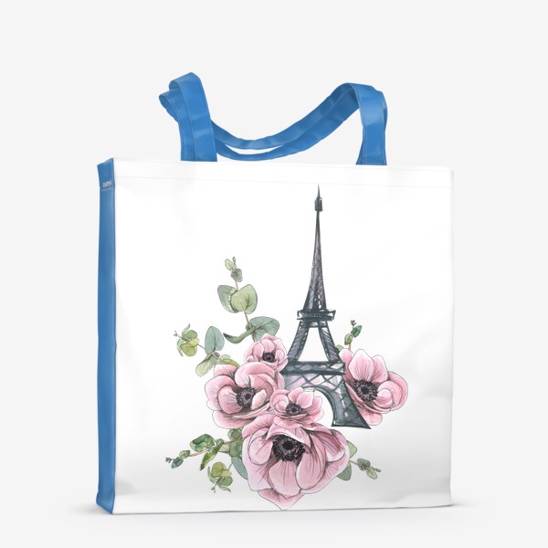 Сумка-шоппер «Париж. Эйфелева башня с цветами, анемоны, эвкалипт. Акварельный скетч.»