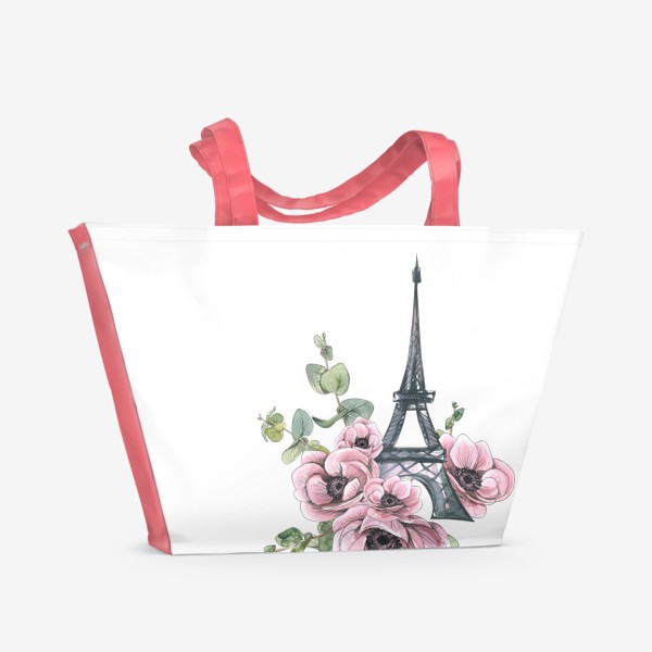Пляжная сумка &laquo;Париж. Эйфелева башня с цветами, анемоны, эвкалипт. Акварельный скетч.&raquo;