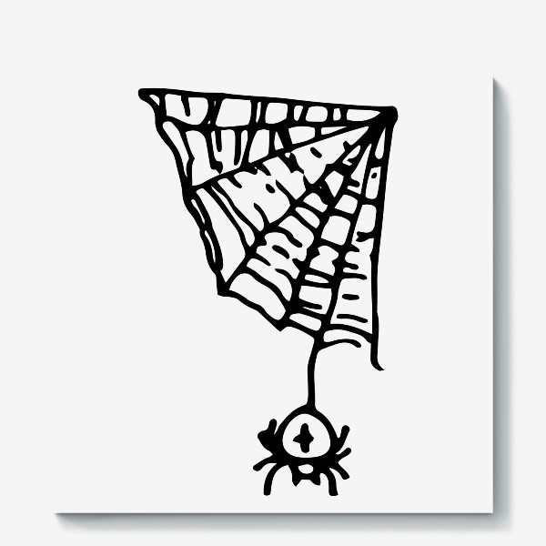 Холст «паук в углу на паутине. простой рисунок паука с крестом на спине висит на треугольной паутине, черной линией.»