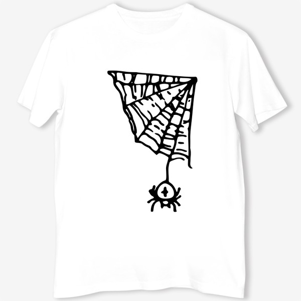Футболка «паук в углу на паутине. простой рисунок паука с крестом на спине висит на треугольной паутине, черной линией.»