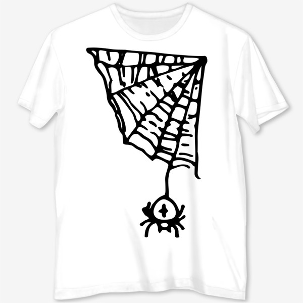 Футболка с полной запечаткой &laquo;паук в углу на паутине. простой рисунок паука с крестом на спине висит на треугольной паутине, черной линией.&raquo;