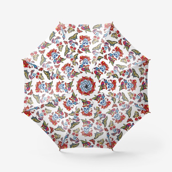 Зонт «Летний акварельный паттерн Череп в шляпе и бабочки»