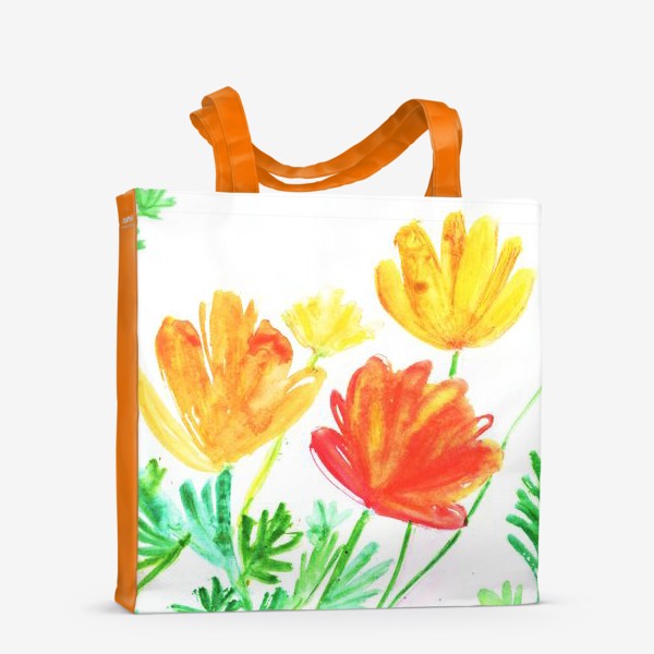 Сумка-шоппер «Оранжевые цветы, природа, поле. Акварельная живопись»