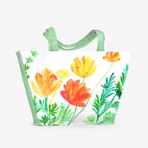 Пляжная сумка «Оранжевые цветы, природа, поле. Акварельная живопись»