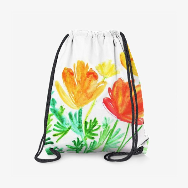 Рюкзак «Оранжевые цветы, природа, поле. Акварельная живопись»