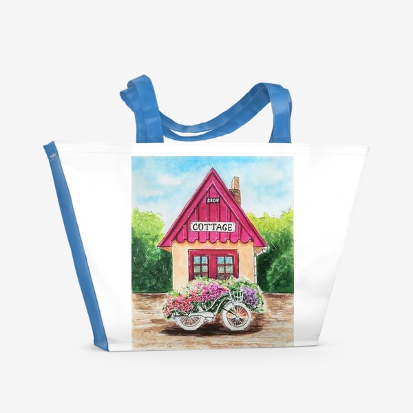 Пляжная сумка «Коттедж и велосипед в цветах.»