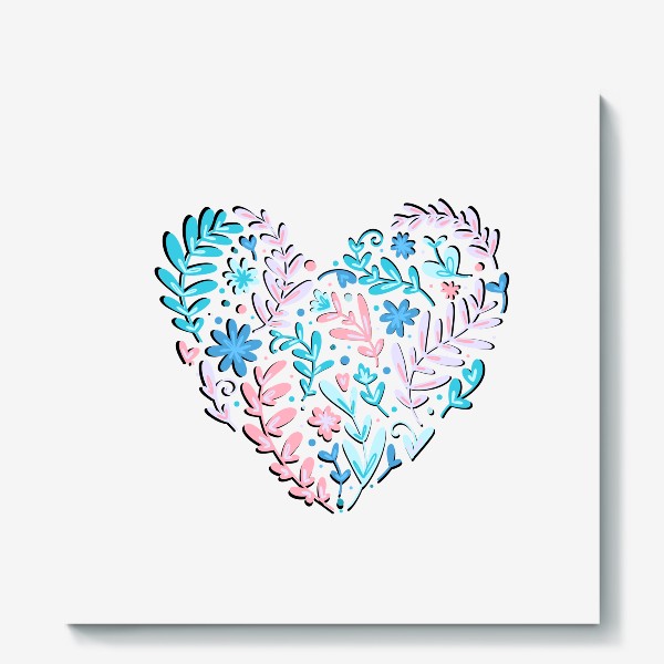 Холст &laquo;сердце с растениями и цветами розового и бирюзового цвета. нарисованное в дудл стиле милое сердце из листиков&raquo;
