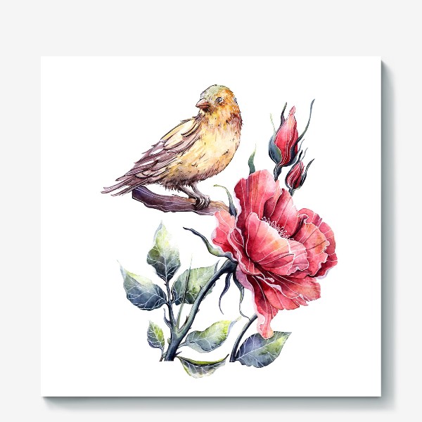 Холст «Цветы Шиповник и птица»