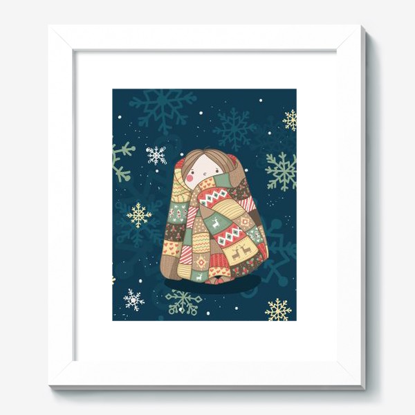 Картина «Девочка в цветном теплом одеяле с оленями и рождественскими узорами. Зима. Уют. Добро. »