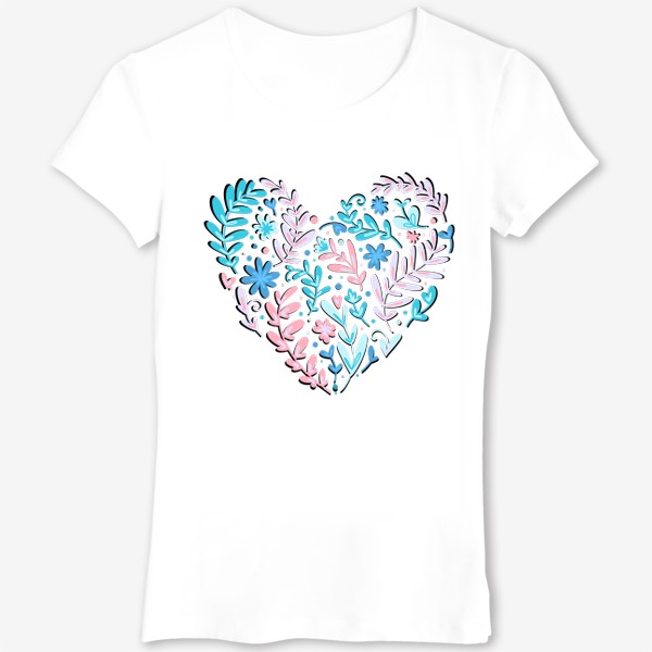Футболка &laquo;сердце с растениями и цветами розового и бирюзового цвета. нарисованное в дудл стиле милое сердце из листиков&raquo;