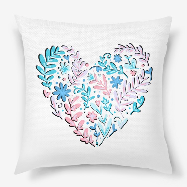 Подушка «сердце с растениями и цветами розового и бирюзового цвета. нарисованное в дудл стиле милое сердце из листиков»
