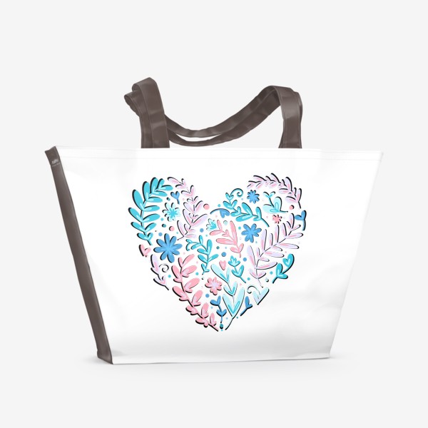 Пляжная сумка &laquo;сердце с растениями и цветами розового и бирюзового цвета. нарисованное в дудл стиле милое сердце из листиков&raquo;