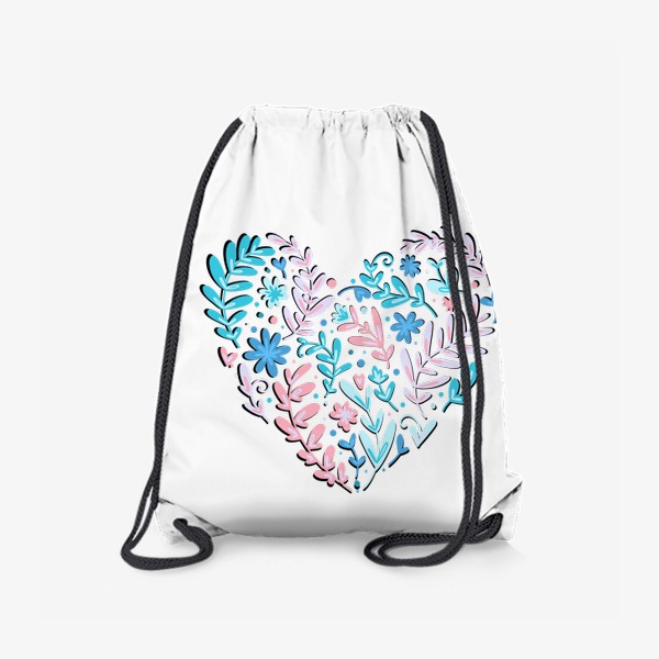 Рюкзак «сердце с растениями и цветами розового и бирюзового цвета. нарисованное в дудл стиле милое сердце из листиков»