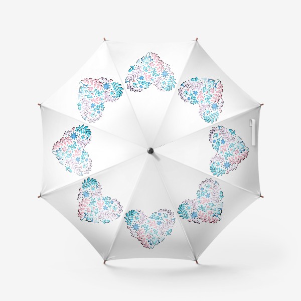 Зонт «сердце с растениями и цветами розового и бирюзового цвета. нарисованное в дудл стиле милое сердце из листиков»