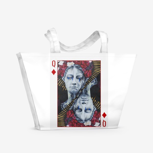 Пляжная сумка «Королева драмы. Коллаж в виде игральной карты, красная карточная королева »