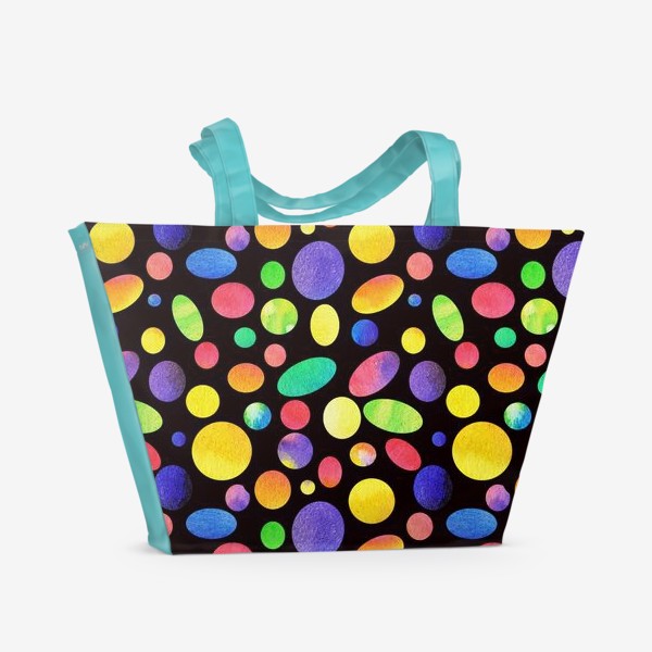 Пляжная сумка «Разноцветные круги и овалы на черном фоне»