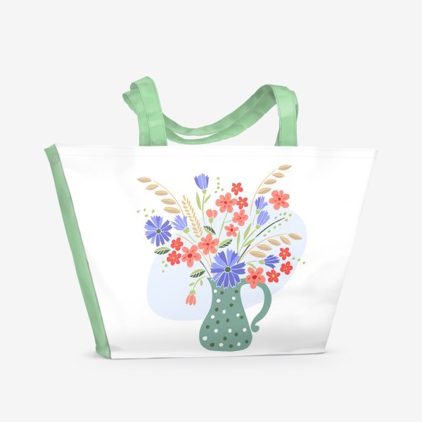 Пляжная сумка «Букет из полевых цветов и колосков в вазе в горошек»