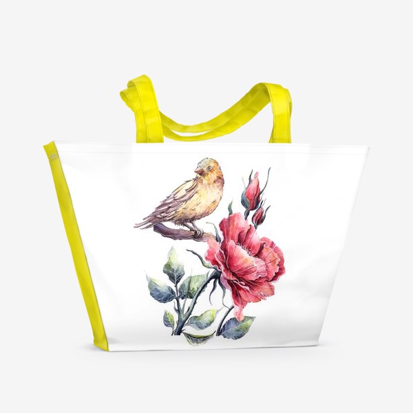 Пляжная сумка «Цветы Шиповник и птица»