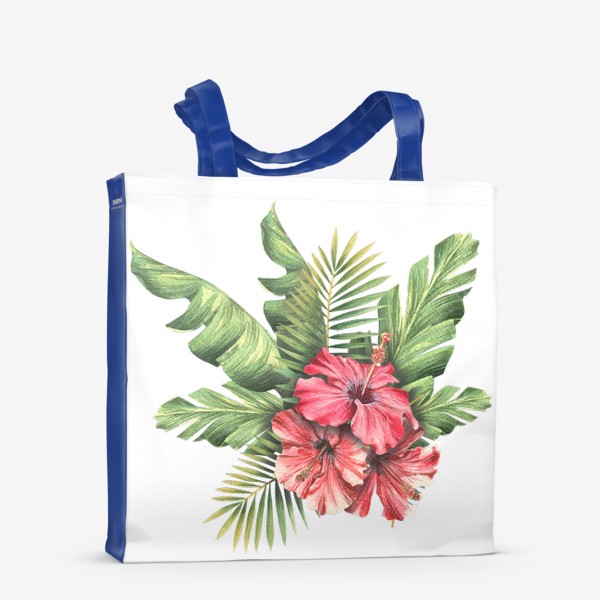 Сумка-шоппер «Цветы гибискус, листья пальмы, тропические. Акварель.»