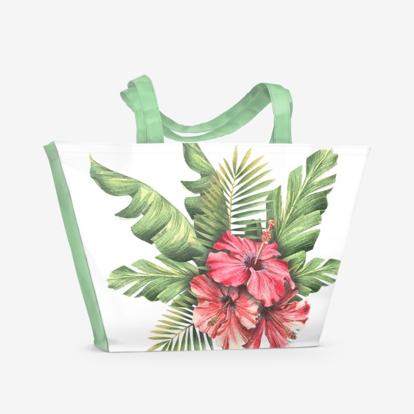 Пляжная сумка «Цветы гибискус, листья пальмы, тропические. Акварель.»