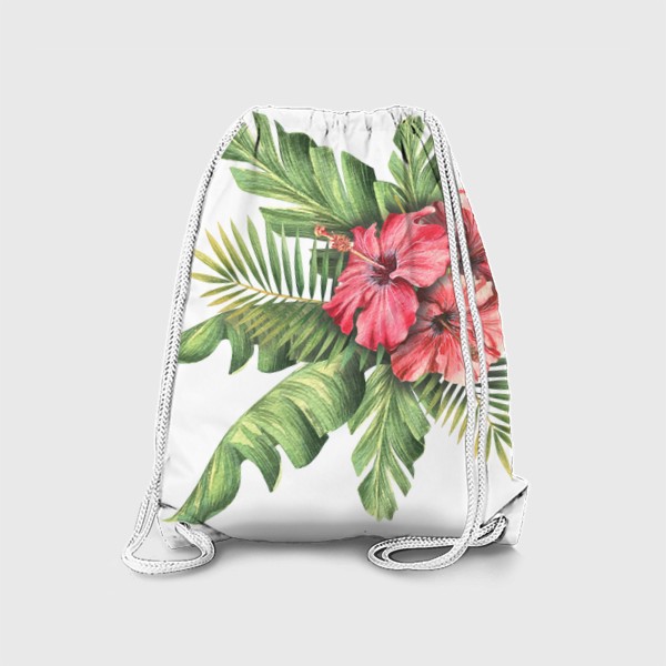 Рюкзак «Цветы гибискус, листья пальмы, тропические. Акварель.»