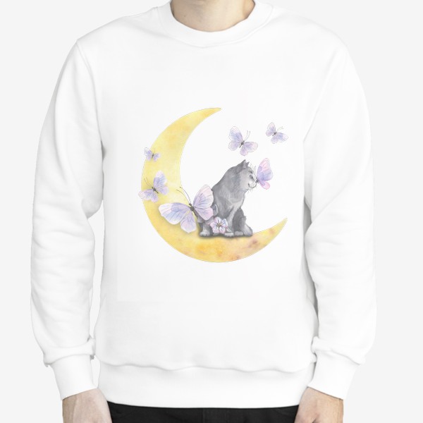 Свитшот «Котик на луне и бабочки. Акварель»