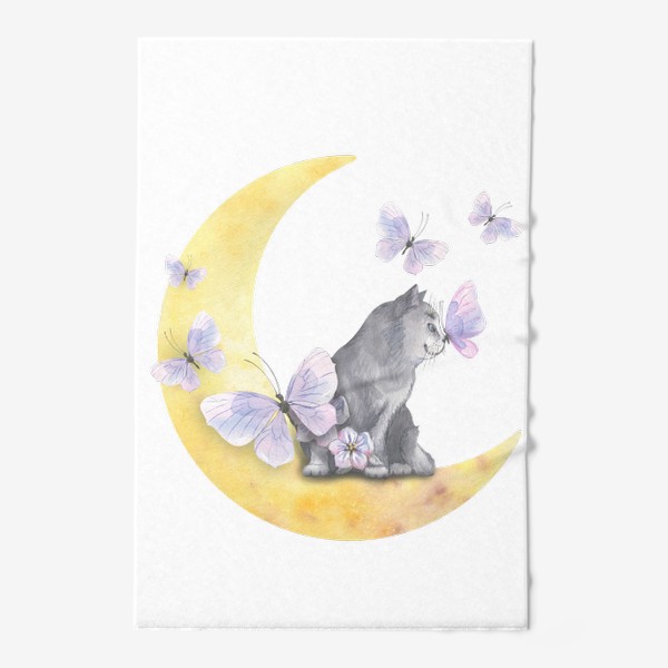 Полотенце «Котик на луне и бабочки. Акварель»