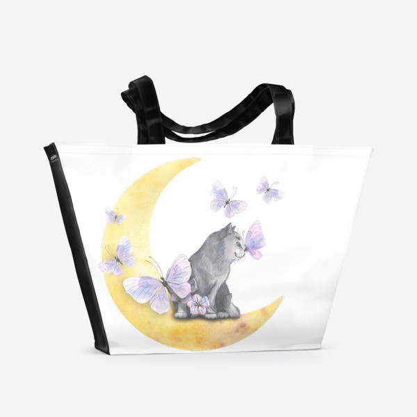 Пляжная сумка «Котик на луне и бабочки. Акварель»