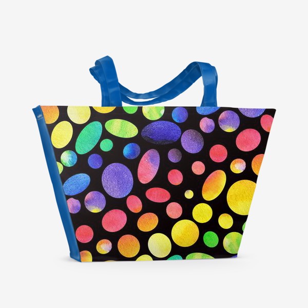 Пляжная сумка «Разноцветные акварельные круги и овалы на черном фоне, паттерн. »
