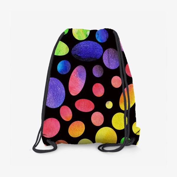 Рюкзак «Разноцветные акварельные круги и овалы на черном фоне, паттерн. »